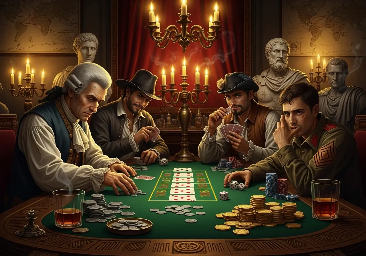 Pokeripelaajat istuvat pöydän ympärillä, jossa on rahaa ja kortteja